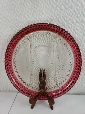 Indiana Glass Kings Crown Diamond Point Ruby Flash Divided Dish Relish Tray 12" - Image 1 of 4