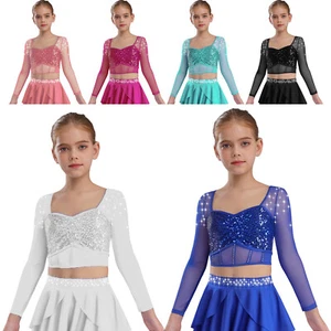 Kids Girls Crop Top Ballroom Blouse Jazz Shirt Cycling Pullover Performance Tee - Picture 1 of 49