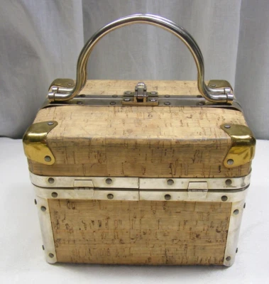 Bolso de mano vintage caja corcho esquinas de latón asas de metal 1-E Foto 1 de 4