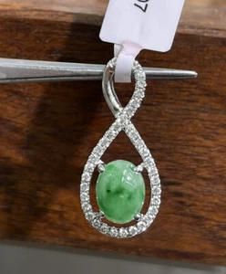 14k Solid White Gold Natural Diamond 0.34 Ct Pendant, Natural Jade. Was $2580 - Picture 1 of 6