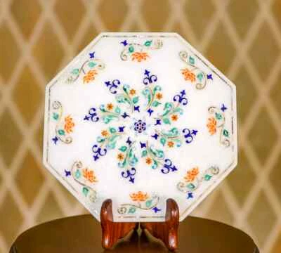 Mesa de centro fina de lapislázuli con incrustaciones de diseño antiguo blanca de piedra de 12" para el hogar Foto 1 de 4