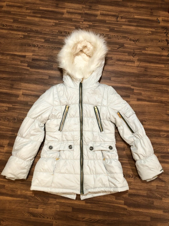 Chaqueta London Fog Niñas Gris Claro Cremallera Frontal Imitación Piel Capucha Borde Talla L/14-16 Foto 1 de 4