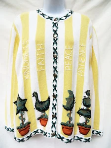 QUACKER FACTORY Womens Yellow White Striped Peace Faith Cardigan Sweater M - Picture 1 of 2