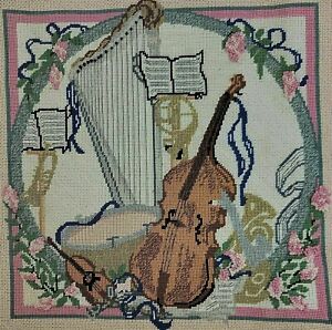 Musical Needlepoint Finished Instrument Floral Violin Cello Bass Viola Music Vtg