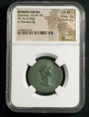AE As of Roman Emperor Domitian, Moneta standing reverse 85 AD NGC Ch XF 6015 - Image 1 of 3