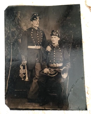 1870s Indian Wars Tintype US Officer Musicians with Horn Instrument - Image 1 of 4