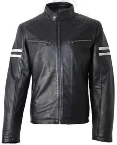 Men’s Motorcycle Biker Real Leather Bomber Jacket White Stripes Quilted Slim Fit - Picture 1 of 5