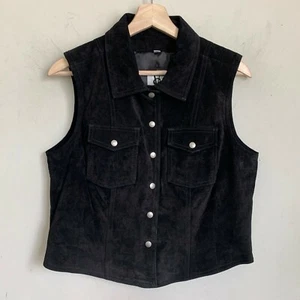 VS2 by Vakko Vest Black Leather Suede Collared Snaps Pockets Lined Size L - Picture 1 of 9