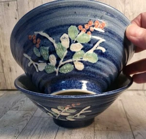 2 Japanese Style Rice Tea Footed Bowls Barberry Print Blue White Porcelain - Picture 1 of 9
