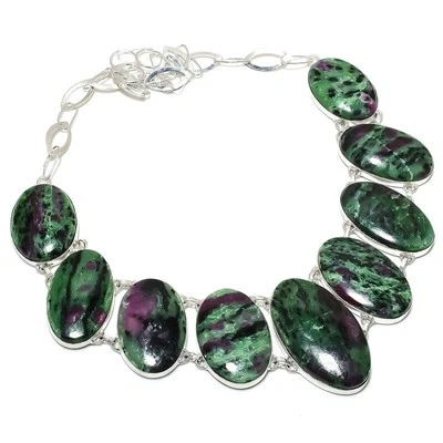 Collar de piedras preciosas con forma ovalada de zoisita rubí cadena ajustable joyería hecha a mano 18" Foto 1 de 4