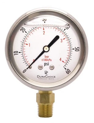 2-1/2" Oil Filled Pressure Gauge, SS Case, 1/4" NPT, Lower Mount, 0-60PSI - Image 1 of 4