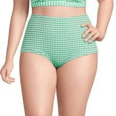 LANDS’ END Tummy Control Gingham High Waisted Bikini Swim Bottom Green 1X - Image 1 of 4