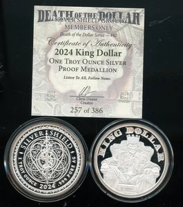 2024 Trump King Dollar Silver Shield #257 of 386 1oz 999 Fine Silver - Picture 1 of 3