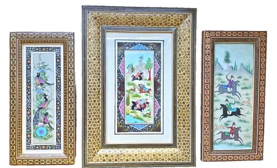 (3) PINTURA AL ÓLEO PERSA DE COLECCIÓN CAZA CABALLO PÁJARO ESCENA KHATAM MADERA ARTE ENMARCADO Foto 1 de 4