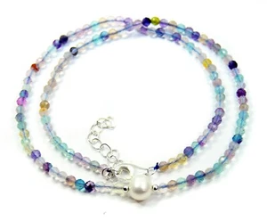 Gemstone Fluorite Necklace 925 Silver Facetted Ø0 1/8in With A Freshwater Pearl - Picture 1 of 4