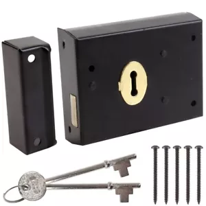 DOUBLE HANDED BLACK RIM DEAD LOCK & 2 Keys 100mm x 75mm Door Deadlock Gate Shed - Picture 1 of 2