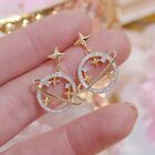 1Ct Round Cut Real Moissanite Star Moon Dangle Earrings 14K Yellow Gold Plated