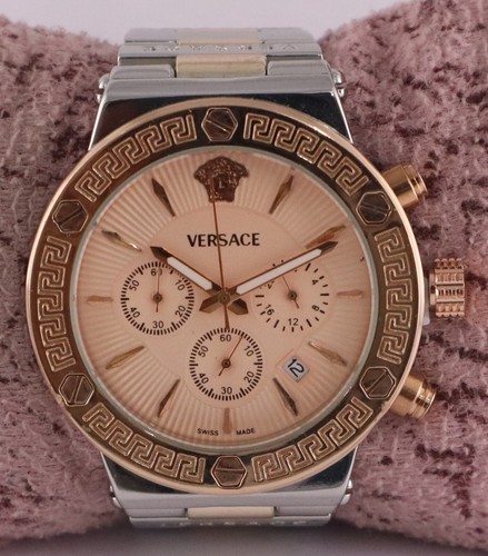 Orologio Da Polso Lusso Versace Uomo Quarzo Cronografo Quadrante Oro Rosa ''Data'' Funzionante