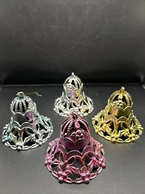 Vtg 4 Christmas Bradford Filigree Cut Out Plastic Bell Ornaments MCM - Image 1 of 4