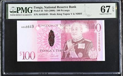 Tonga 100 Pa'anga ND 2008 P 43 Superb Gem UNC PMG 67 EPQ - Image 1 of 3