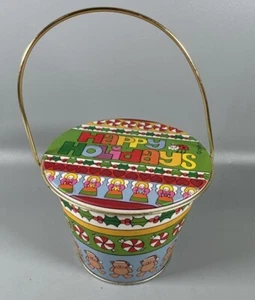 Vintage Happy Holidays Tin Bucket Chris Davenport Enesco 1985 Holiday RARE - Picture 1 of 11