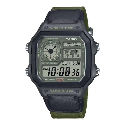 Casio AE1200WHUB-3AV, Men's Chronograph Watch, 10 Year Battery, Green Nylon,Date - Image 1 of 2