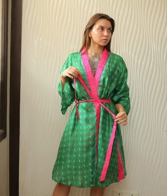Bata kimono midi de seda pura hasta la rodilla vestido kimono de seda verde PS MKMO2056 Foto 1 de 4