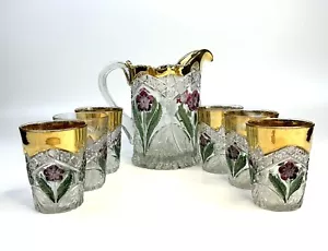 Early American Pattern Glass (EAPG) Water Set Ruby Flowers Gold Indiana Vintage - Picture 1 of 19