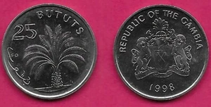 GAMBIA 25 BUTUTS 1998 UNC OIL PALM TREE,DENOMINATION ABOVE,NATIONAL ARMS,DATE BE - Picture 1 of 1