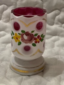 Vtg German Bohemian White Cased glass cut to Cranberry Floral Vase 3.25” - Picture 1 of 6