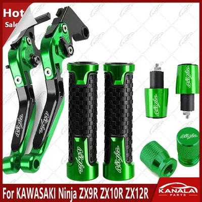 For Kawasaki Ninja ZX9R ZX12R CNC Brake Clutch Levers Handle Grips Cap Set Green Foto 1 de 4
