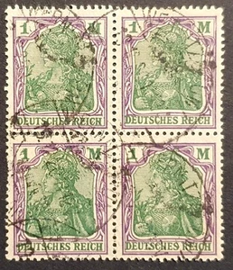 Germany Stamps 1920 Germania 1m Green & Violet lozenge wmk SG149 block of 4 Used - Picture 1 of 2