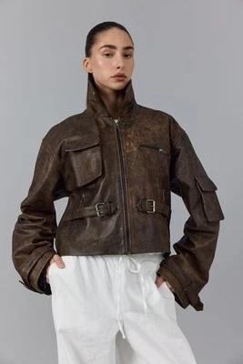 90s Vintage Distressed Brown Sheep Leather Bomber Oversized Jacket - Image 1 of 4