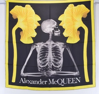 New Alexander McQueen 718421 MUSHROOM SKELETON Silk Twill Scarf BLACK/YELLOW - Image 1 of 4