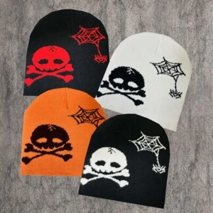 Y2K Spider Skull Knit Beanie Hat Acrylic Wool Winter Warm Skull Cap Hip Hop - Picture 1 of 13