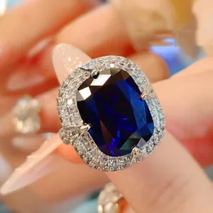 New Classical 16mm Rectangle Spinel Blue Topaz Gems Luxury Women Silver Ring - Picture 1 of 6