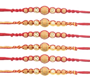 6 x Rakhi Thread Bracelet Gold Sandalwood Interwoven Bead Raksha Bandhan Rakhi  - Picture 1 of 5