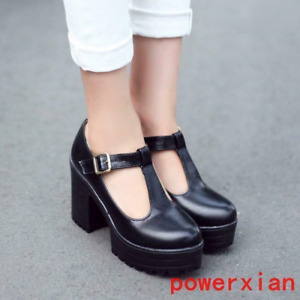 Mary Jane Womens Ladies T-strap Platform Chunky High Heel Pump Shoes Plus Size