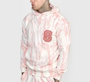 Sudadera con capucha SikSilk para hombre rosa y crema/blanco roto tie dye talla mediana nueva con etiquetas precio de venta sugerido por el fabricante 60 GBP - Imagen 1 de 4