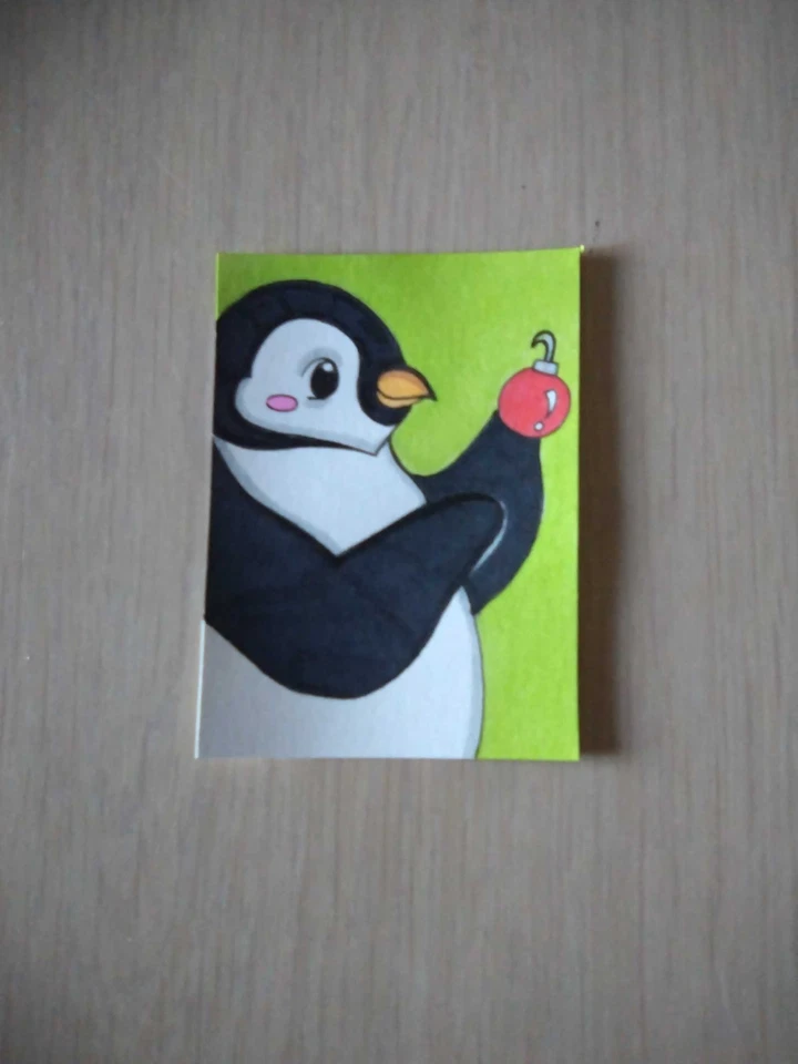 Tarjeta de arte de pintura ACEO original de medios mixtos ATC animal Navidad pingüino 9 Foto 1 de 1
