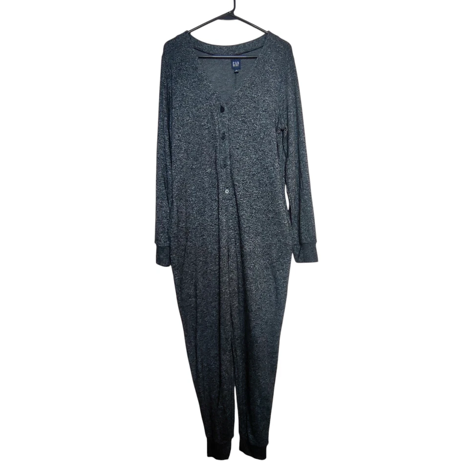 Gap женщин длинным рукавом V шеи цельный комбинезон истинный черный средний уютный пижамы - Изображение 1 из 4