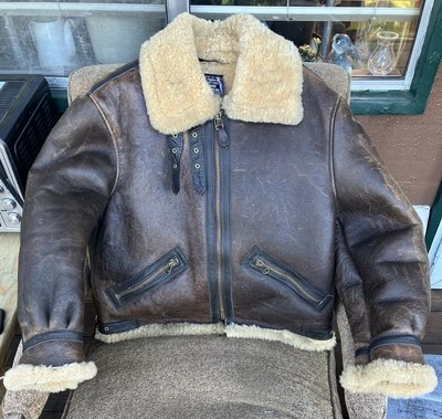 Schott Type B-3 Leather Flight Bomber Jacket Mouton Sheepskin Size 44 Brown USA  - Image 1 of 4