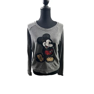 Adesivo de lantejoulas feminino Disney Mickey Mouse cinza tamanho XS manga longa top - Imagem 1 de 4