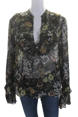 Blusa de seda floral con volantes mangas largas cuello en V Robert Rodriguez para mujer talla S Foto 1 de 4