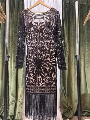 Vestido Flapper Negro Lentejuelas y Flecos Talla Grande Nuevo Con Etiquetas Por Único De Colección Foto 1 de 4