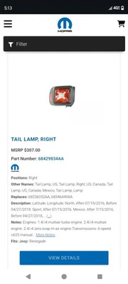 Lámpara trasera derecha Mopar genuina 68429834AA Foto 1 de 4