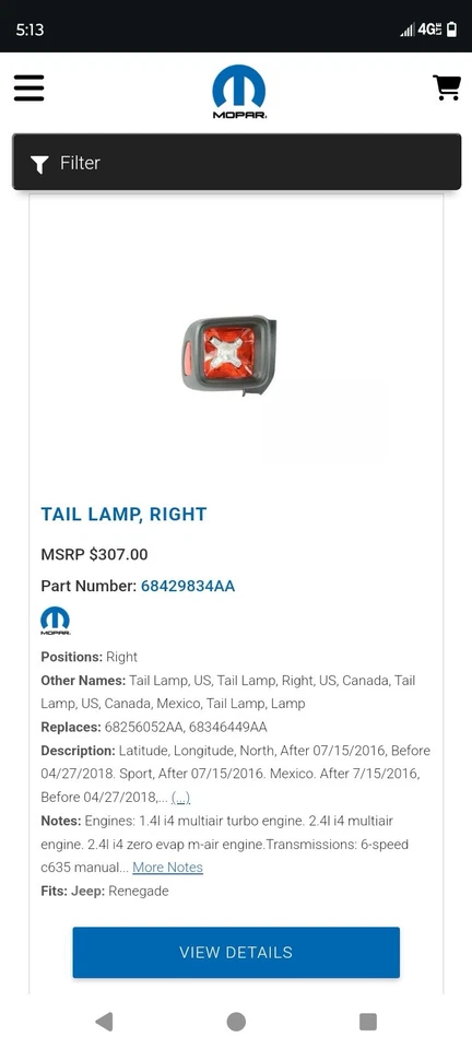 Подлинный задний фонарь для правшей Mopar 68429834AA - Изображение 1 из 4