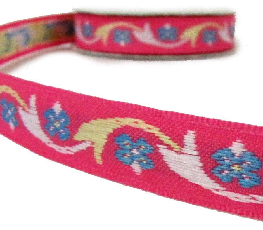 3 Yard Spool Bright Pink Blue Flower Design Woven Jacquard Ribbon 5/8"W - Image 1 of 1