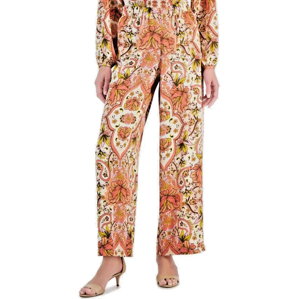 JM Collection Women's Medallion Melody Wide-Leg Satin Pants Size M - Image 1 of 1