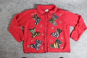 NutCracker Christmas Sweater Womens Large Red Button Up Stocking patches - Picture 1 of 8